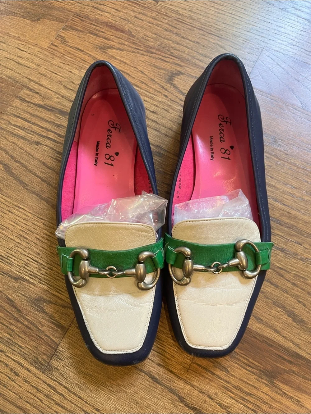 Women's Two-Tone Leather Loafers in Navy, Cream & Green